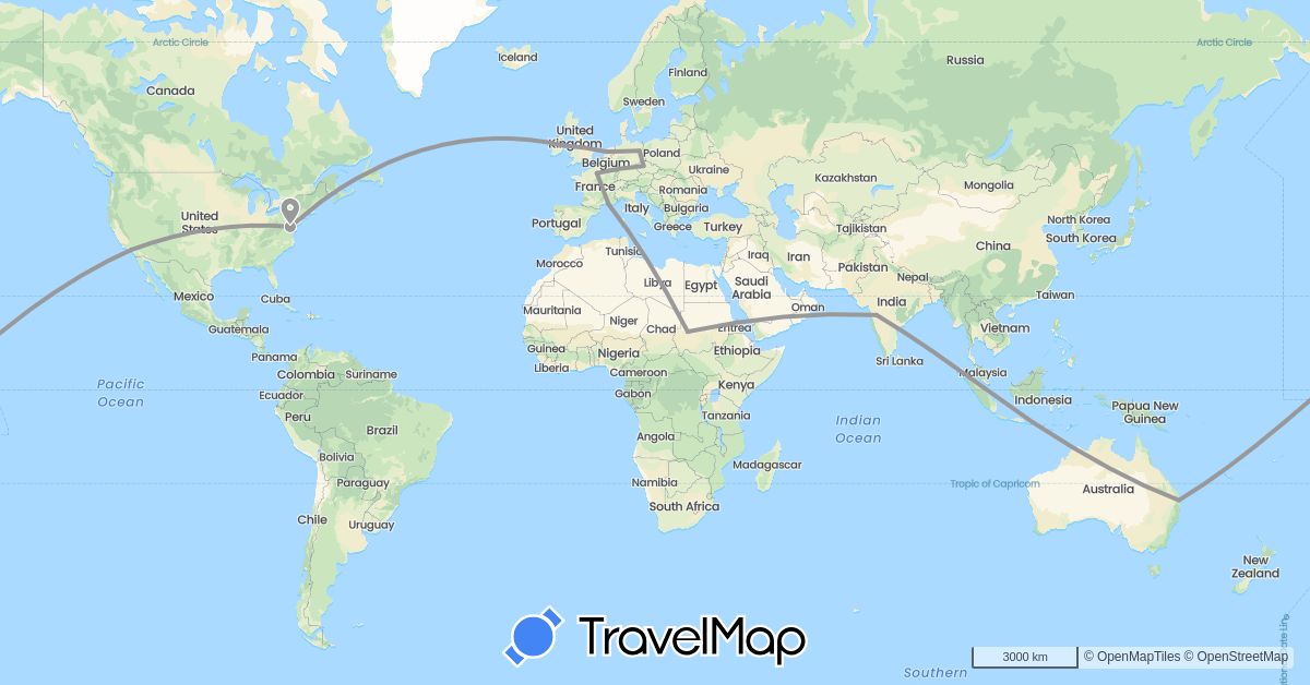 TravelMap itinerary: driving, plane in Australia, Czech Republic, Germany, France, Greece, Indonesia, Ireland, India, Netherlands, United States (Asia, Europe, North America, Oceania)